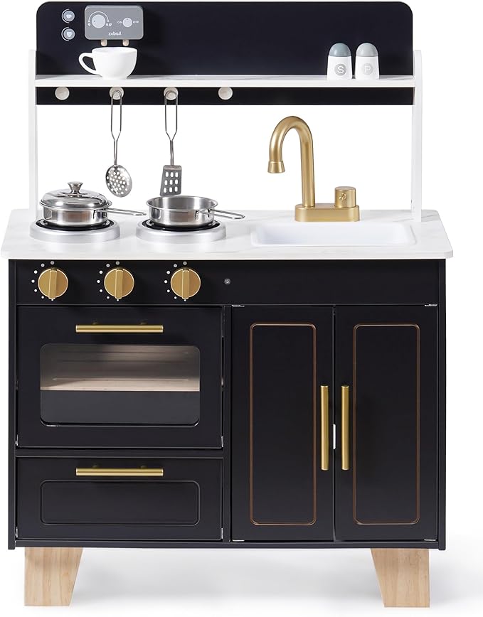 ROBUD Play Kitchen Set - Wooden Marble-Style Kitchen Playset with Realistic Stove, Oven & Sink for Kids Ages 3+