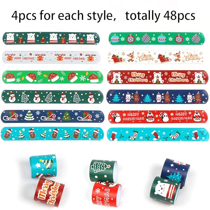LOMIMOS 48PCS Christmas Slap Bracelets,Xmas Snap Wristbands with Santa Claus Reindeer for Kids Party Favors Little Toys