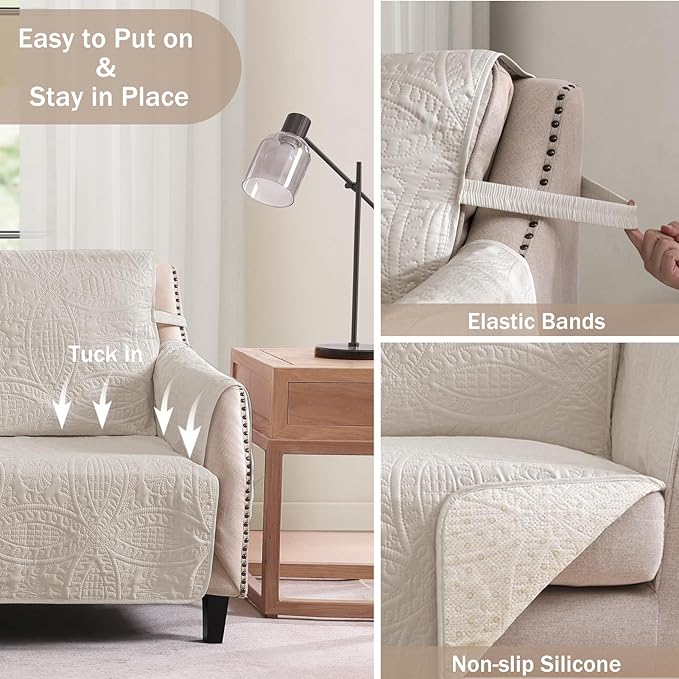 Soft Quilted Couch Cover with Pockets for Extra-Large Sofa, Anti-Slip Sofa Covers Washable for 3 Cushion Pet Friendly, Oversized Sofa Cover Water-Repellent (X-Large Sofa 78", Beige Cream)