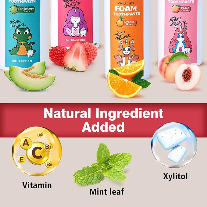 NOHOO Kids Foam Toothpaste with Fruit Flavor,Fluoride Free Natural Formul, Foam Toothpaste for Electric Toothbrush,Suitable for Toddler's Oral Cleaning and Cavity Prevention (2Strawberry+2Orange)