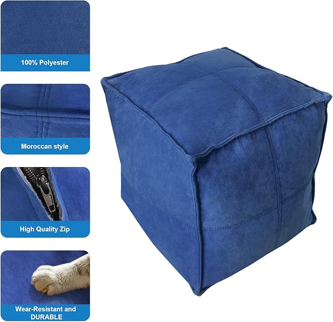 Louis Donné Unstuffed Pouf Ottoman Luxurious Premium Fabric Pouf Cover in Jewel Blue Scratch & Dirt Resistant with Hidden Storage Stylish Foot Rest Cover for Living Room Bedroom Patio Only Cover