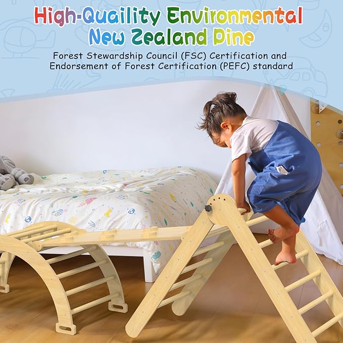 Pikler Triangle Set, 7 in 1 Foldable Climbing Toys Set for Kids, Baby Jungle Gym with Ramp & Arch,Wooden Montessori Climbing Set Indoor for Toddler (Natural)