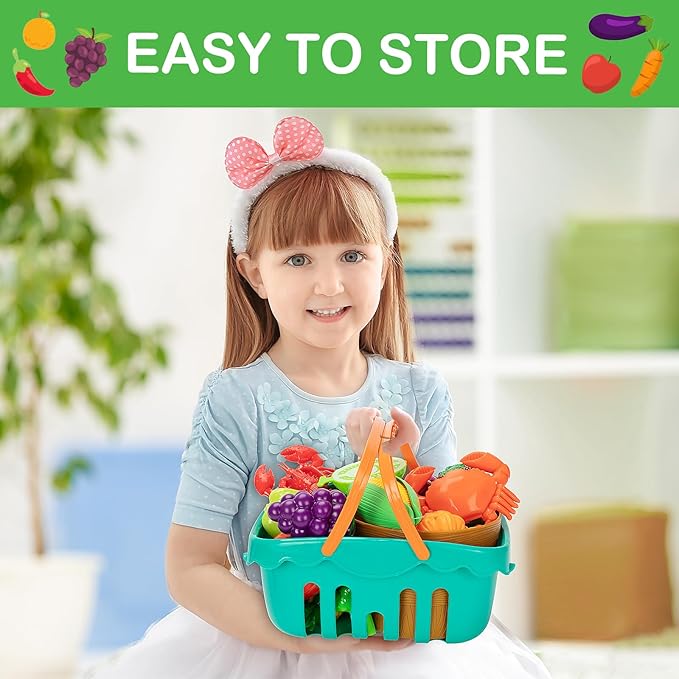 Play Food Set for Kids Kitchen- 68 Pcs Kitchen Food Toy for Toddlers, Cutting & Color Sorting Fake Food/ Fruit/ Vegetable Accessories, Birthday Gifts for 2 3 4 5 Years Old Boys Girls