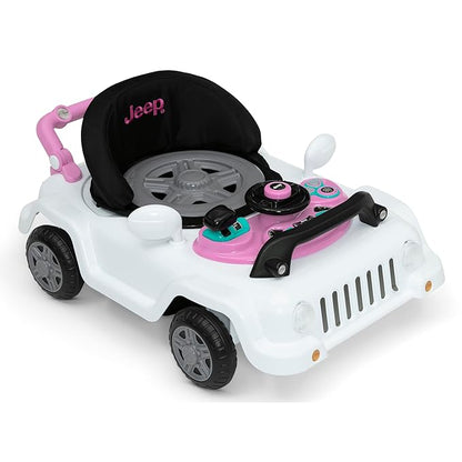 Jeep Classic Wrangler 3-in-1 Grow with Me Activity Walker - Features Music, Lights, Removable Play Tray, Push Walker Mode, Converts into Rolling Car Toy, White/Pink