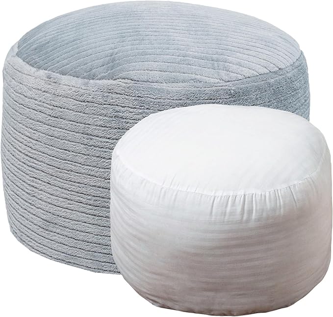 Pouf Ottoman Stuffed 20x20x12 Inches Floor Pouf Plush Fiber Ottoman Foot Rest Under Desk Foot Stool for Living Room Bedroom (Gray Stripe Pouf with Filler)
