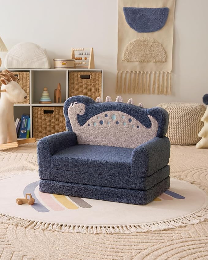 Blissful Diary Kids Couch, 2-in-1 Soft Toddler Couch Fold Out, Toddler Chair Comfy, Convertible Sofa to Lounger with Cute Dinosaur Designs, Blue
