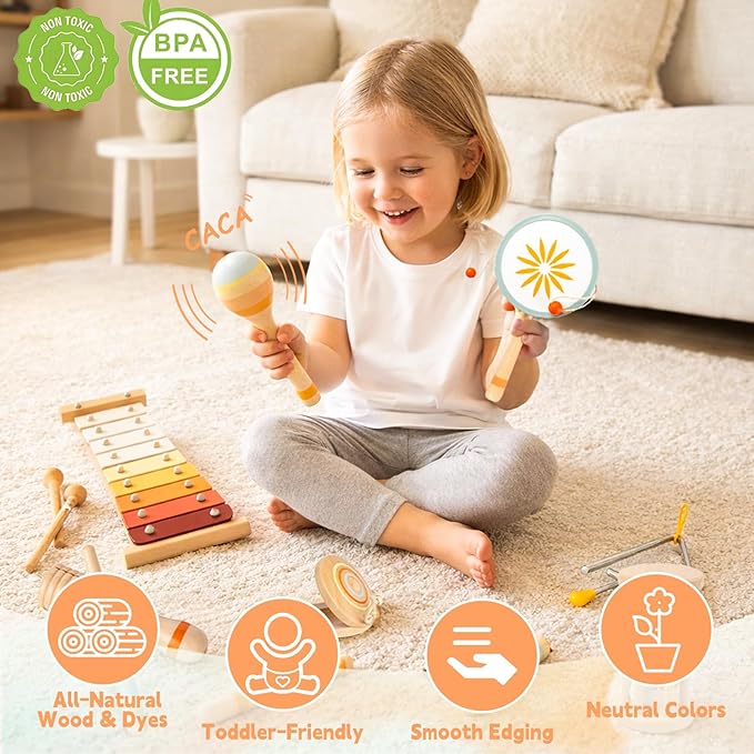 Baby Musical Instruments for Toddlers 1-3, 12PCS Montessori Musical Toy Set with Xylophone, Drum, Maracas...Perfect Toy Gift for 1-3 Year Old Boy Girl