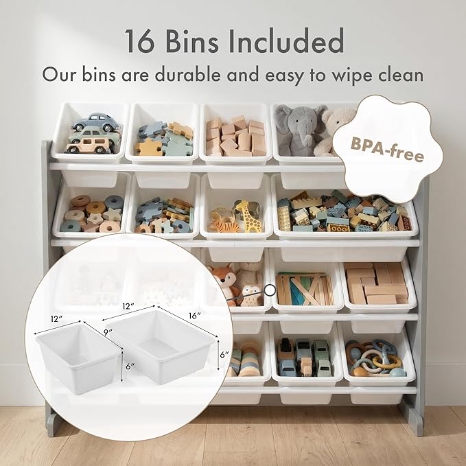Humble Crew Supersized Toy Storage Organizer with 16 Removable Bins, Grey/White – Large Toy Storage for Toddlers Ideal for Kids' Rooms, Playrooms, and Nurseries - Modern Toy Bins for Kids