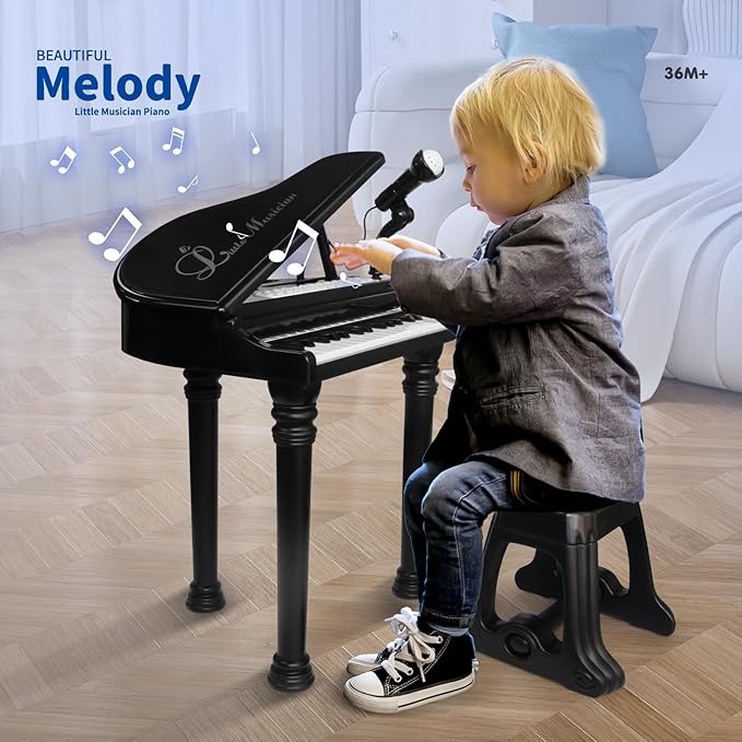 Love&Mini Piano Keyboard Toy for Kids - 31 Keys Toddlers Black Piano Toy with Microphone and Stool for Kids Age 3+ Years Old Girls Boys Birthday Gift