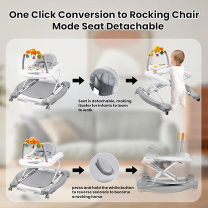 Boyro Baby Baby Walker, 5-in-1 Baby Walkers for Boys and Girls 6-12 Months with Bouncer, Removable Footrest, Feeding Tray & Music, Foldable & Adjustable Activity Walker for 6-18 Months Toddler Infant