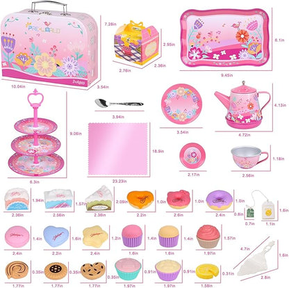 Tea Party Set for Toddles 3-5,PRE-WORLD Musical Kids Tea Set for Little Girls with Dessert,Cookies,Doughnut,Cake,Cake Stand,Tablecloth & Carrying Case,Kitchen Pretend Play Toys for Girls Boys Age 3-6