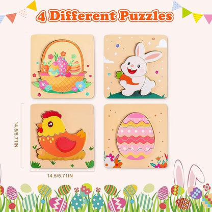 Easter Wooden Puzzles for Toddler - 4 Pack Basket Stuffers Fillers Puzzle Toys for Boys Girls, Jigsaw Learning Educational Gifts for Party Favors