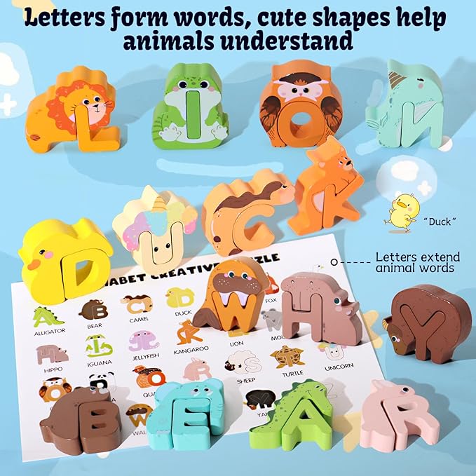 BESTAMTOY 52 Pieces Matching Game, Wooden Alphabet Animal Puzzles for Toddlers, ABC Peg Puzzles for Kids Ages 3-5, Preschool Learning Activities Toys