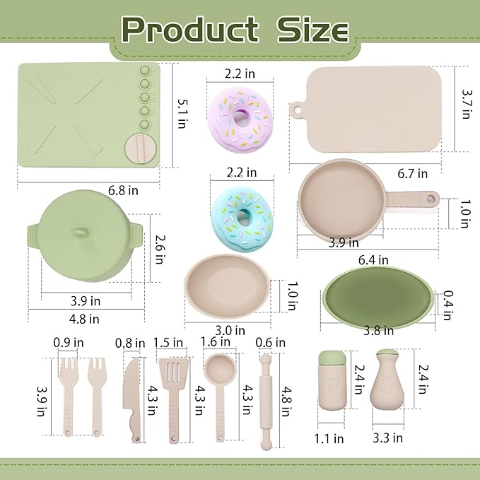 Play Kitchen Accessories, Silicone Pretend Play Kitchen Toys Set, Play Kitchen Pots and Pans Set for Kids, Learning Education Cooking Toys for Girls and Boys(Green)