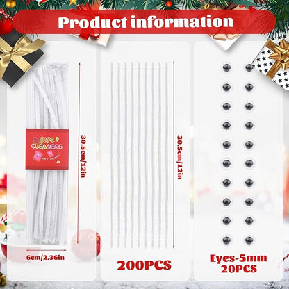 LOKUNN Pipe Cleaners, 200 Pcs White Pipe Cleaners Craft Set, Solid Color Chenille Stems, DIY Arts and Crafts with Adhesive Eyes and Storage Box, Christmas Halloween Decoration Art Supplies