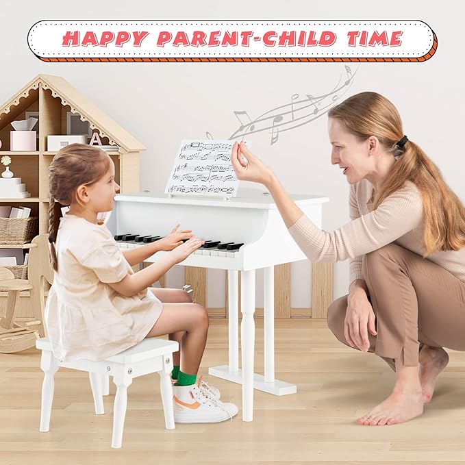 GLACER Classical Kids Piano, 30 Keys Wood Toy Grand Piano w/Bench Music Stand Full-Size Keys, Charming Tones & Sounds, Musical Instrument Educational Toy for Girls and Boys (3 Straight Leg-White)