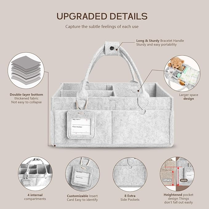 GEMII Diaper Caddy Organizer-Large Baby Caddy Organizer with Handle，Newborn Registry Essentials，Baby Shower Gift Basket for Boy or Girl (Gray, Large)