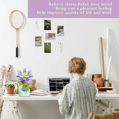 Flower Bouquet Building Set with Base, Flower Building Set Artificial Plant Flowers Building Blocks for Home Office Decor, Birthday Gifts, Desktop Trinkets Age 6+