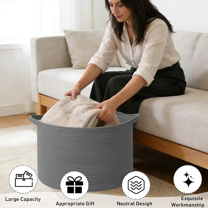 90L Extra Large Blanket Basket,Rope Woven Storage Basket with Handles, Laundry Hamper for Toys, Clothes, Pillows & Towels, Perfect for Living Room, Nursery & Bedroom,Dark Gry