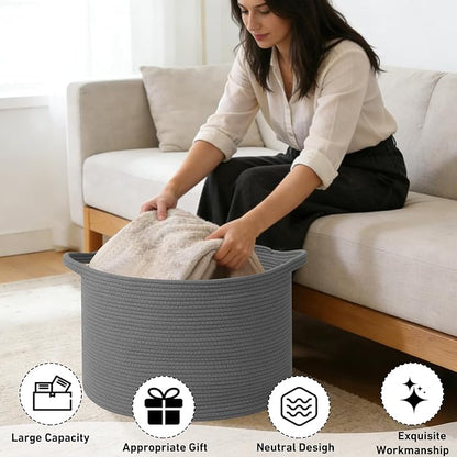 115L Large Blanket Basket,23.6" L x 23.6" W x 15.7" H Rope Woven Baskets with Handles, Toys Storage Bins,Laundry Basket Perfect for Living Room, Nursery,Bedroom,Home Organization,Dark Gry
