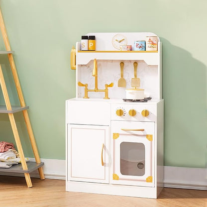 Teamson Kids Versailles Petite Classic Kids Wooden Interactive Play Kitchen, White with Faux White Marble and Gold