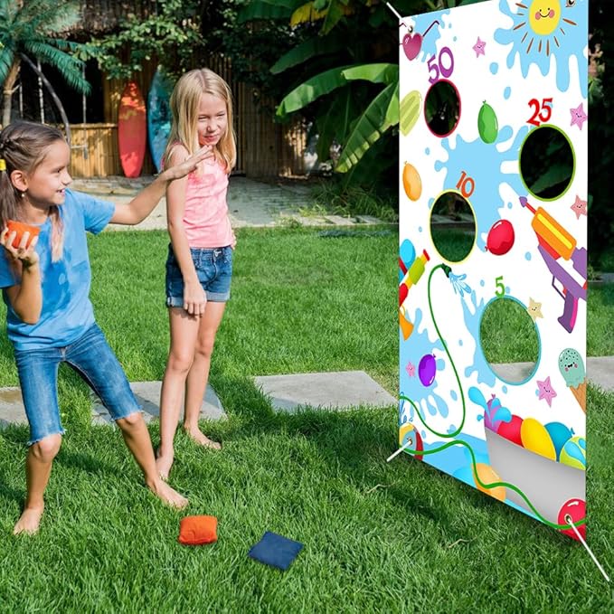 Summer Pool Toss Game Banner with 3 Bean Bags Outdoor Sport Activity for Kids 4 Score Holes Splash Water Ball Banner Birthday Party Decoration Supplies for Kids Adults, Blue