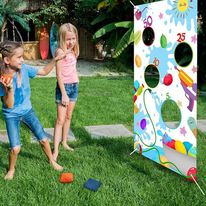 Summer Pool Toss Game Banner with 3 Bean Bags Outdoor Sport Activity for Kids 4 Score Holes Splash Water Ball Banner Birthday Party Decoration Supplies for Kids Adults, Blue