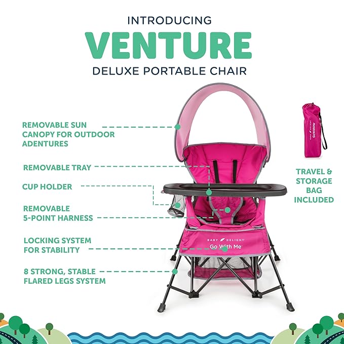 Baby Delight Go with Me Venture Portable Chair | Indoor and Outdoor | Sun Canopy | 3 Child Growth Stages | Pink