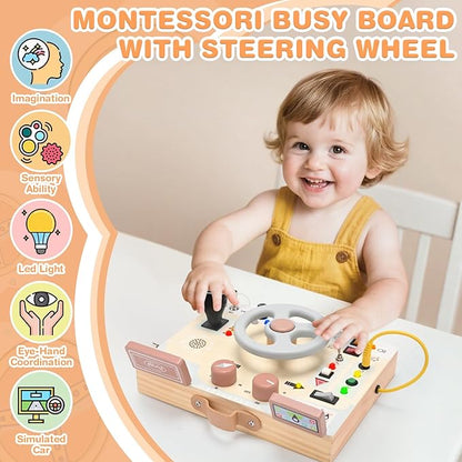 Joyreal Montessori Toddler Busy Board - Montessori Toys for 1 2 3 Years Old, Wooden Sensory Board with LED Lights, Steering Wheel, Music Player, Travel Toys for 1+ Year Old Boy & Girl Birthday Gift
