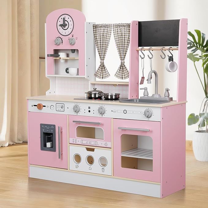 Kids Kitchen playset, Wooden Play Kitchen, Height Adjustable, Comes with Various Kitchen Accessories, Ideal Role Play Toy Gift for Toddlers and Kids Ages 3-8 (Pink)