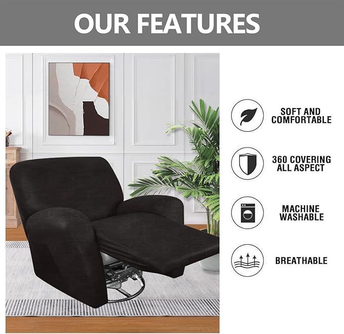 Like Leather Recliner Chair Covers, 4 Pieces Lazy Boy Recliner Cover That Stay in Place, Soft Stretch Leather Grain Covers for Recliner Covers for Large Recliner Slipcover(Dark Grey)