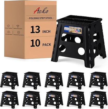 ACKO 10pack Folding Step Stool 13 inch Height Premium Heavy Duty Foldable Step Stools for Adults and Kids, Kitchen Plastic Small Collapsible Stepping Stool Hold Up to 300 LB Dot Black