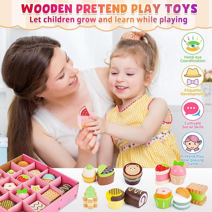 Wooden Cake Toys Tea Set Desserts Sets for Kids, Wooden Pretend Play Toys, Wooden Tea Party Set for Little Girls, Wooden Play Food Set Kitchen Accessories, Baking Gifts for 3 4 5 Years Old Girls Boys