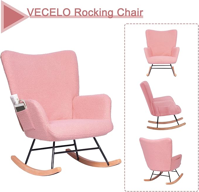 VECELO Rocking Chair Nursery Teddy Upholstered Glider Rocker with High Backrest, Padded Seat, Side Pocket, for LivingRoom, Bedroom, Baby Room