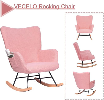VECELO Rocking Chair Nursery Teddy Upholstered Glider Rocker with High Backrest, Padded Seat, Side Pocket, for LivingRoom, Bedroom, Baby Room