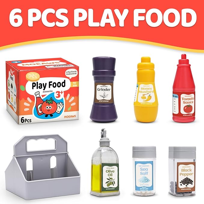 6 Pcs Condiment Toys with Storage Rack and Gift Box, Play Food Set for Kids Kitchen, Pretend Food Play Kitchen Accessories for Toddler, Preschool Learning Toys for Boy Girl, Pretend Grocery Store