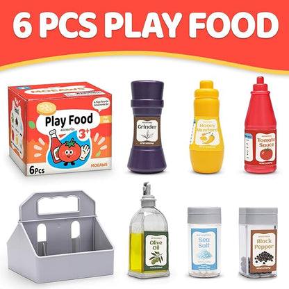 6 Pcs Condiment Toys with Storage Rack and Gift Box, Play Food Set for Kids Kitchen, Pretend Food Play Kitchen Accessories for Toddler, Preschool Learning Toys for Boy Girl, Pretend Grocery Store