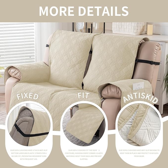 Easehomey Waterproof Loveseat Recliner Cover,Non Slip Reclining Couch Covers for 2 Seat,Dog Chair Cover Furniture Protector Washable Chair Cover with Pocket for Kids,Pets,Dogs(Beige,2Seat)