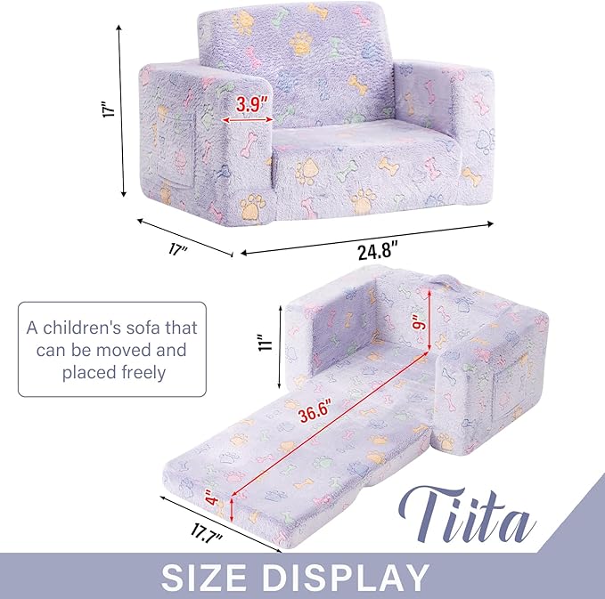 Tiita Kids Sofa, 2-in-1 Kids Sofa Chair, Convertible Children Couch to Lounger, Flip Out Kids Sofa Chair, Toddler Armrest Chair Bed, Folding Kids Play Sofa for Girl or Boy, Purple Paws