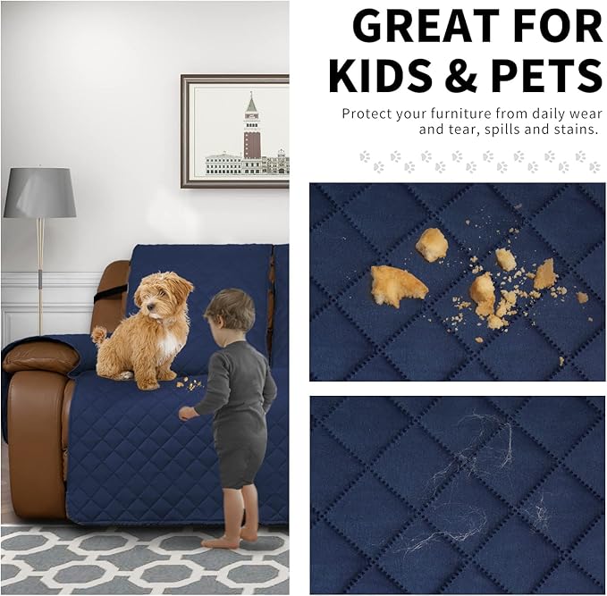 Easy-Going Oversized Recliner Sofa Cover, Reversible Couch Cover for 3 Seat Recliner, Split Sofa Cover for Each Seat with Elastic Straps for Kids, Dogs, Pets (3 Seater, Navy/Navy)