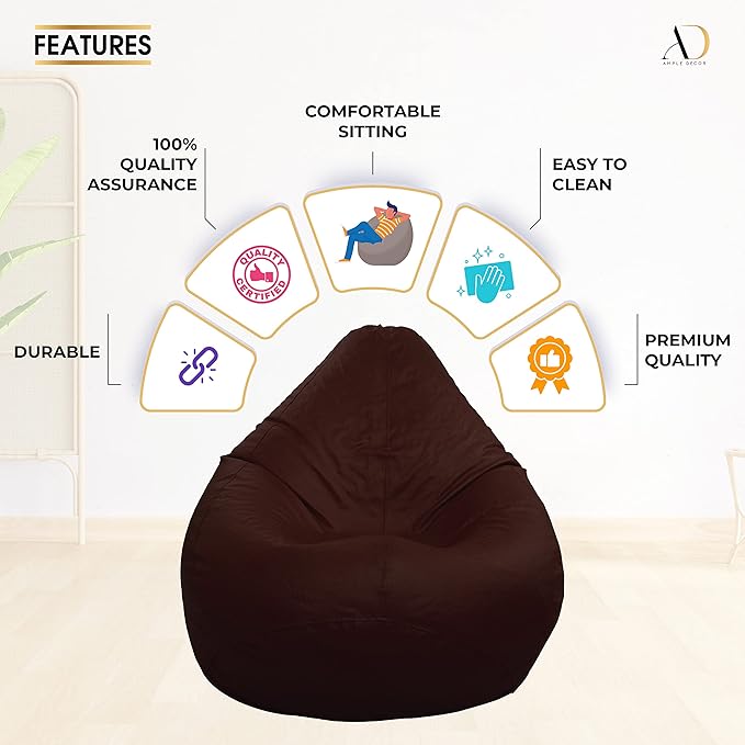 Ample Decor Bean Bag Cover (No Filling), Plush Toys Storage Soft Leatherette, Durable Construction Sturdy Zipper, Ideal for Children and Teenagers - Brown