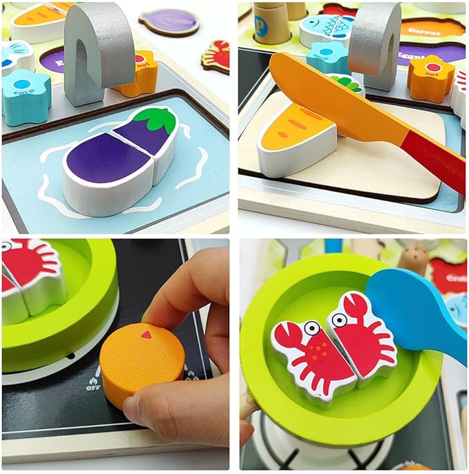 Wooden Play Food Sets for Kids Kitchen Toys Kitchen Playset Accessories Early Education Toys for 3 4 5 6 7 8 Years Old Girls and Boys Gifts (Kitchen Cooking)