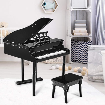 Goplus 30-Key Classical Kids Piano, Mini Grand Piano Wooden Learn-to-Play Musical Instrument Toy with Bench, Piano Lid, Music Rack, Gift for Boys Girls Aged 2+ Baby Tollder(3 Straight Leg-Black)