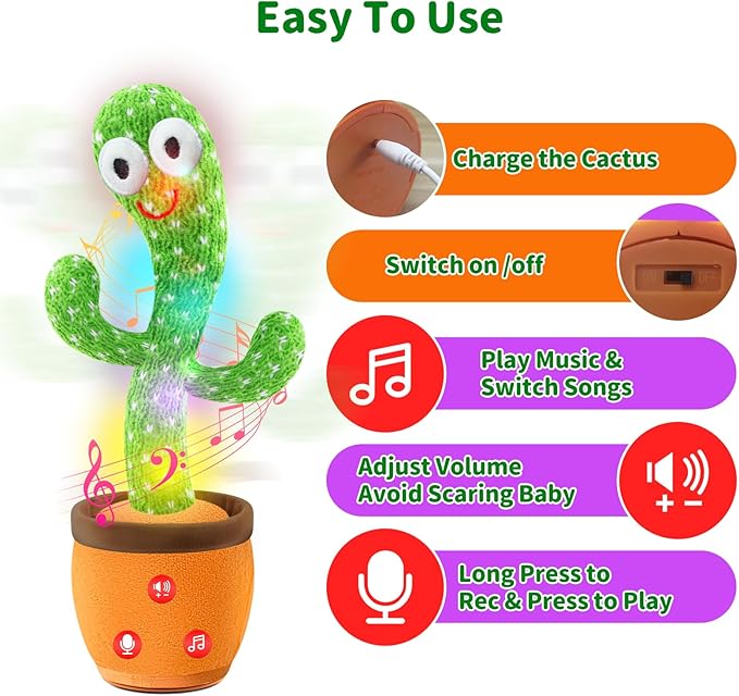 Dancing Talking Cactus Baby Toys, Easter Gifts/Easter Basket Stuffers for Kids, Singing Mimicking Recording Toys Repeats What You Say, Comes with English Songs Talking Musical Toy (Rechargeable)