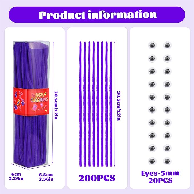 LOKUNN Pipe Cleaners, 200 Pcs Violet Purple Pipe Cleaners Craft Set, Solid Color Chenille Stems, DIY Arts and Crafts with Adhesive Eyes and Storage Box, Christmas Mother's Day, Decoration Art Supplies