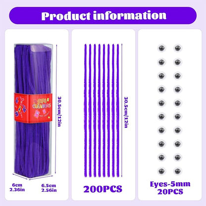 LOKUNN Pipe Cleaners, 200 Pcs Violet Purple Pipe Cleaners Craft Set, Solid Color Chenille Stems, DIY Arts and Crafts with Adhesive Eyes and Storage Box, Christmas Mother's Day, Decoration Art Supplies