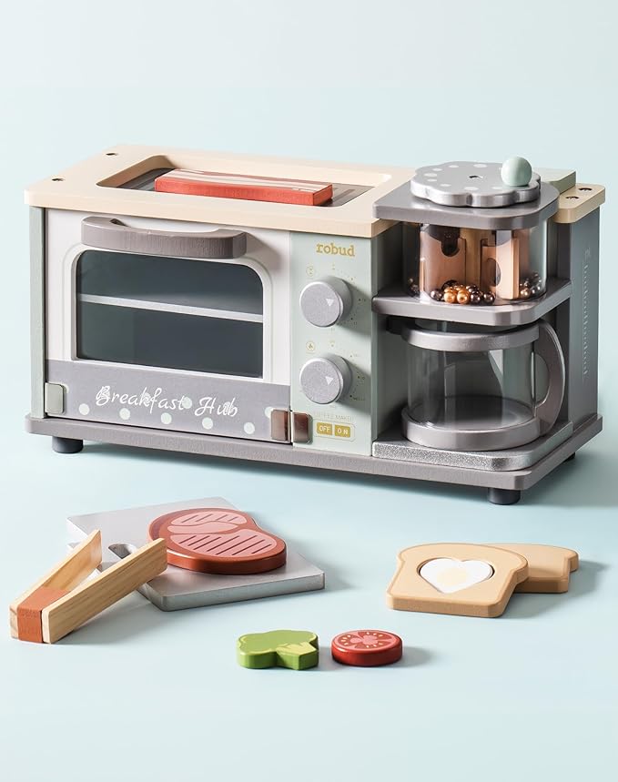 ROBUD Toddler Kitchen Playset - Wooden Breakfast Set with Coffee Maker, Toaster, Griddle, Play Food - Realistic Pretend Play Appliance and Accessories for Kids Ages 3+ Boys and Girls (Mint Green)