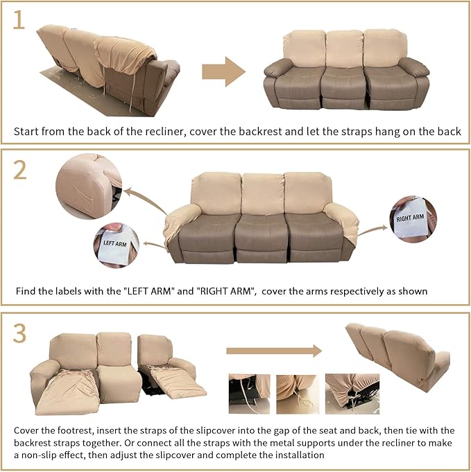 JIVINER 8-Piece Recliner Sofa Covers Stretch Jacquard Couch Covers for Recliner Slipcovers for Living Room 3 Cushion Soft Recliner Protector with Pocket (Sofa Recliner, Light Beige)