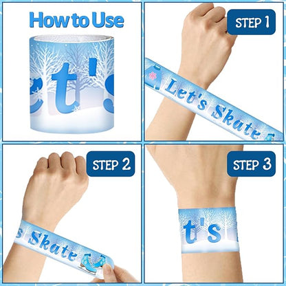 74 PCS Ice Skating Skate Party Favors, 24 PCS Ice Skating Slap Bracelets, 50 PCS Ice Skating Stickers Winter Ice Skating Birthday Party Decorations Supplies for Kids Boys Girls