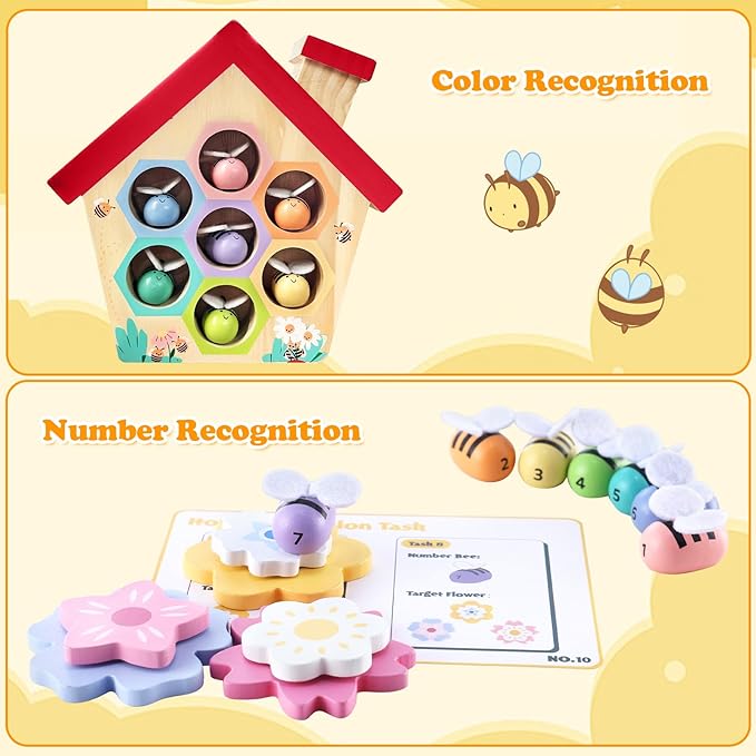 Wooden Bee to Hive Matching Game, Fine Motor Skill Toy for Toddlers, Montessori Toys for 3 Year Old Color Sorting Matching for Kids, Early Learning Preschool Educational Gift for 3 4 5 Years Old